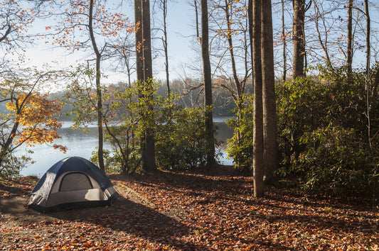 camping tent in the woods during fall